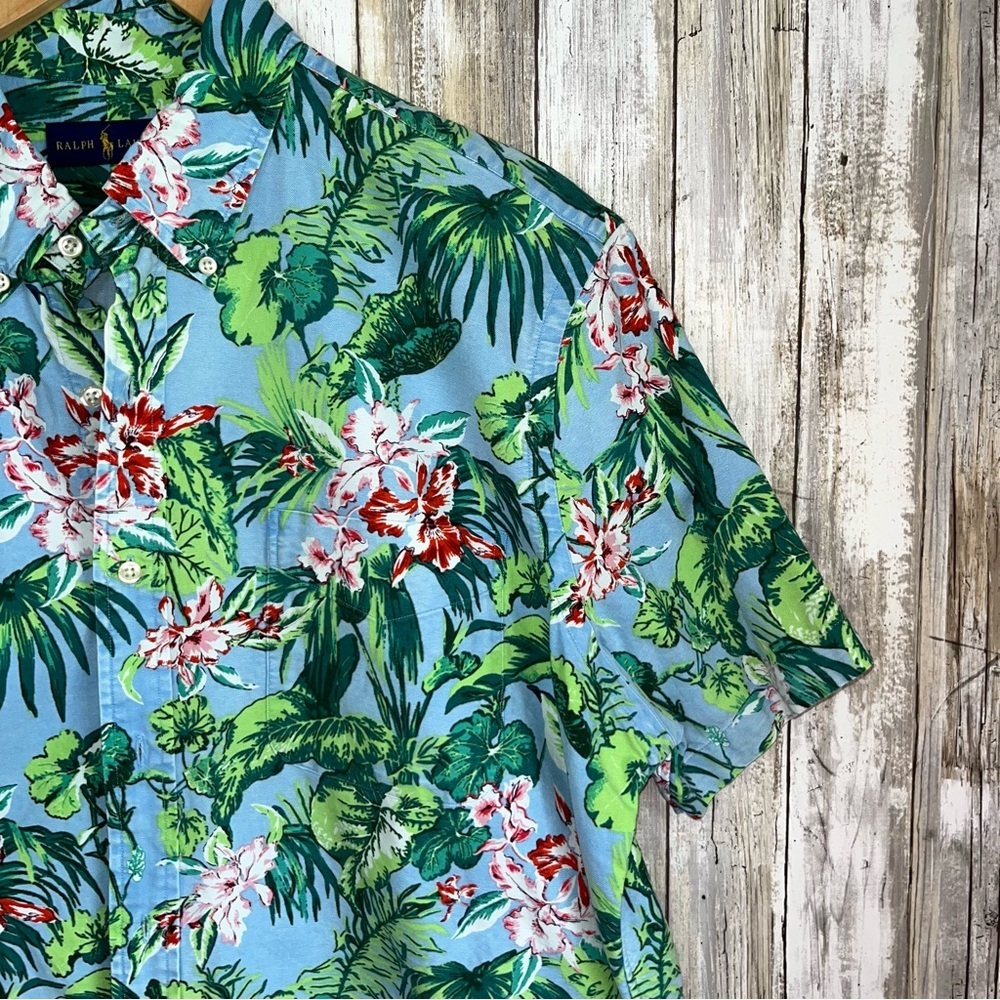 Ralph Lauren Tropical Floral Hawaiian Shirt Blue Green Short Sleeve Button Down - Picture 2 of 4